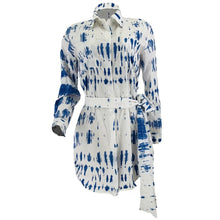 Load image into Gallery viewer, This denim dress is a must-have for your wardrobe A denim mini dress featuring a denim tie dye print, button front, long sleeves, a basic collar, and belted design. It's perfect for multiple occasions! Style with a high heel mule, gold accessories and handbag for a complete look.