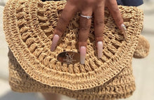 Load image into Gallery viewer, Stylish, sophisticated, and fun! This Pryceless Creations Jezebel woven clutch is the perfect addition to your accessory collection. The Interior features a soft fabric lining as well as a two-change pocket this beautiful clutch also features your gold signature diamond Pryceless Creations Clothing logo in the front. This handmade straw clutch purse adds a modern and playful twist to your wardrobe.