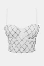 Load image into Gallery viewer, Do the most in this trendy crystal bustier crop top! This beautiful rhinestone-embellished bustier bra features a rhinestone detailed pattern, sweetheart neckline, adjustable, detachable shoulder straps, a row of hidden hook back closures, and built-in padded bra.