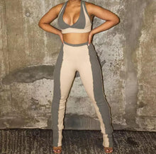Load image into Gallery viewer, Cookie & Cream Two Piece Set - Tan/Gray Show off those curves this season girl! Great for lounging around, running errands or a night out! This two piece set features a ribbed material, crop top V-neck, sleeveless. Pair this outfit with a simple sandal or sneaker to keep it casual or a transparent high heels and a clutch for a sexy night out look!