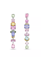Load image into Gallery viewer, These multicolored drop earrings feature a mix of oval, pear, emerald and navette-cut crystals, arranged in a random formation. An elegant yet playful twist on the essence of Swarovski crystals, wear yours with an off-the-shoulder top to highlight their pastel hues and kinetic craftsmanship.