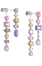 Load image into Gallery viewer, These multicolored drop earrings feature a mix of oval, pear, emerald and navette-cut crystals, arranged in a random formation. An elegant yet playful twist on the essence of Swarovski crystals, wear yours with an off-the-shoulder top to highlight their pastel hues and kinetic craftsmanship.