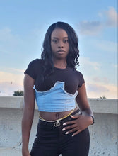 Load image into Gallery viewer, Too hot to handle, this sexy but stylish Denim Corset Knit Top is a soft and stretchy cropped t-shirt complete with a crew neckline, a back zip, short sleeves, and a denim corset overlay. With this top, you can dress up or down any outfit. Style this cute tee with a miniskirt, a pair of thigh high boots and don’t forget a patchwork denim purse.