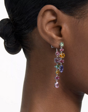 Load image into Gallery viewer, These multicolored drop earrings feature a mix of oval, pear, emerald and navette-cut crystals, arranged in a random formation. An elegant yet playful twist on the essence of Swarovski crystals, wear yours with an off-the-shoulder top to highlight their pastel hues and kinetic craftsmanship.