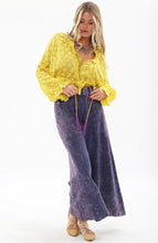 Load image into Gallery viewer, Bring back the 70's with these trendy acid wash French terry wide-leg pants that feature beautiful crystal-embedded buttons. Elastic waistband, Pair with a bodysuit, pumps, or favorite flats and a handbag for the perfect day look.