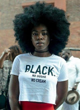 Load image into Gallery viewer, This is a must in your wardrobe! Our Black No Sugar No cream Crop Top has plenty of attitude and is a statement piece. Has a crew neck, short sleeves, loose fitting and soft fabric. Style it with your favorite jeans and high heels for an elevated casual look.