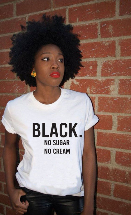 This is a must in your wardrobe. Our Black No Sugar No cream T-shirt has plenty of attitude. Has a crew neck, short sleeves, loose fitting and soft fabric. Style it with your favorite jeans, high heels and a rhinestone handbag for an elevated casual look.