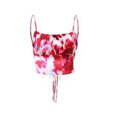 Load image into Gallery viewer, This satin tie die festival top is sure to take your weekend look that extra mile. Featuring a pink, white and baby blue material with a backless design and thin strap detailing, cowl neckline and a cropped length. Style with blue jeans and high heels for a date night with the bae.