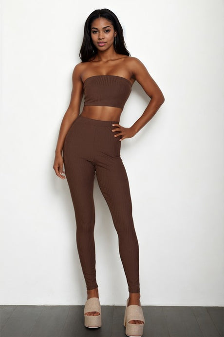 This fashionable women's ribbed tube top and legging set is cute for just relaxing or for every day, going out, active, for the summer wear. Just add your chunk shoes for a statement look! Just choose your color.