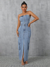 Load image into Gallery viewer, Standing Out Slit Half Button Tube Denim Dress
