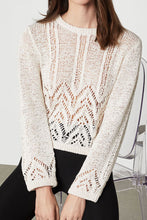 Load image into Gallery viewer, This BCBGMAXAZRIA knit sweater is perfect for any day! The fabric is spun from a soft cotton blend to create luxurious texture and dimension, this mixed-stitch crewneck sweater features a distinctive chevron pattern. Pair this with a pair of black jeans for the perfect weekend look.
