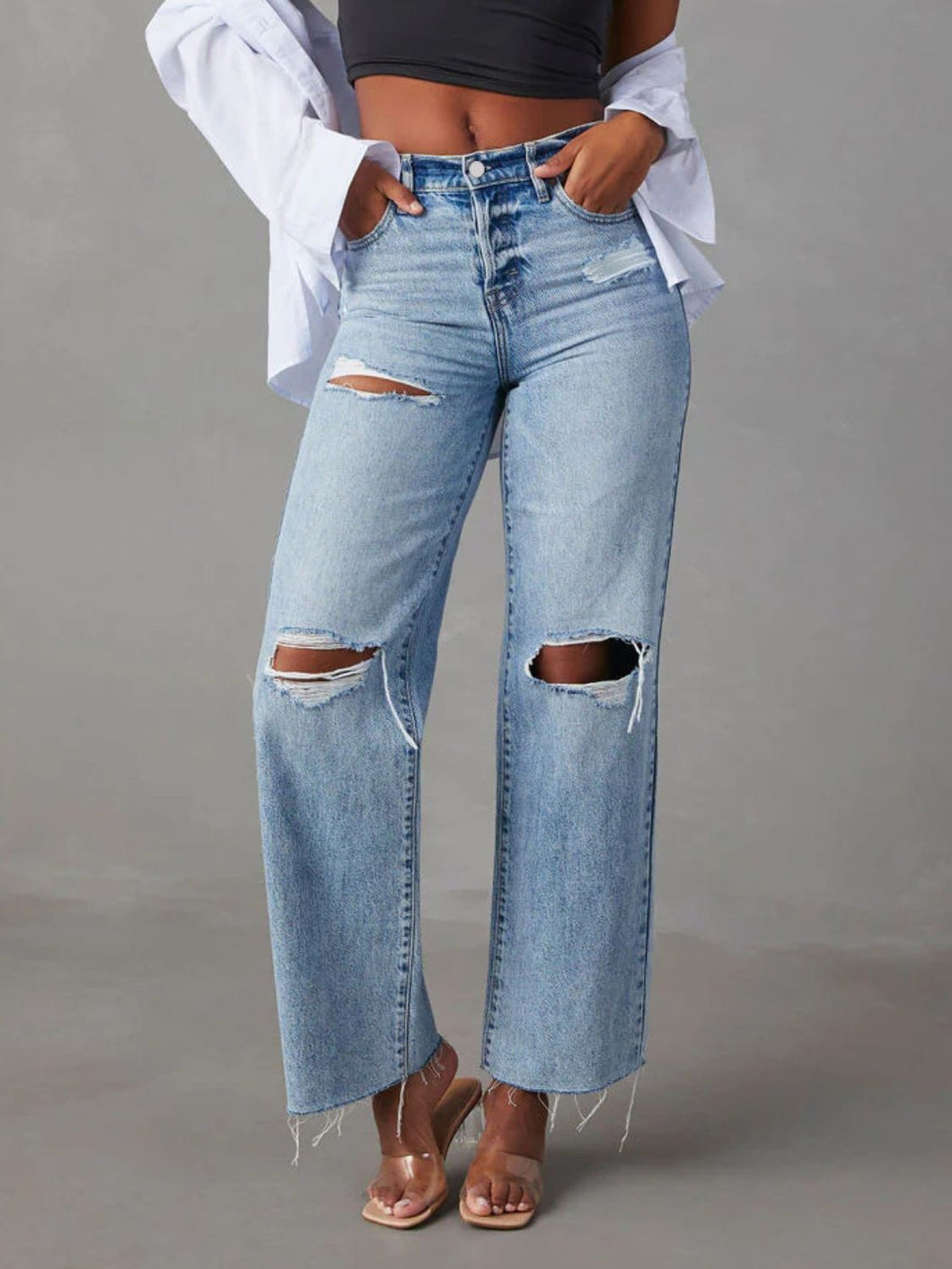 Karia Distressed Straight Leg Jeans with Pockets