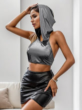 Load image into Gallery viewer, Create a trend with our Not Your Average Backless Cropped Hooded tank top. The stretchy soft material ensures a perfect fit. Sexy fun cut crop top for a girl&#39;s night out, complete the look with heels and a bag for an effortlessly ensemble.
