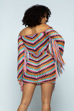 Load image into Gallery viewer, We are obsessed! A pretty and feminine multi color crochet dress is right for any girl who&#39;s up for a fun night out! Great to wear at any party day or night, or a date night with your man. This ultra feminine off the shoulder dress comes in a mini length with fringe details. Pair with a classy high heel and mini bag for a look that is guaranteed to have all eyes on you!
