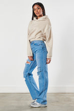 Load image into Gallery viewer, Our New Favorite Vibrant M.i.U high-rise wide fit denim jeans you&#39;ll feel comfortable in them all day long these jeans featuring a classic 5-pocket construction, front cut details, tinted wash throughout, with a zip-fly closure. These jeans are a must-have for your wardrobe this season. Pair with one of our essential bodysuits, pumps, and a jacket for effortless style. 
