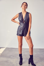 Load image into Gallery viewer, Get ready to make a statement in this romper babe! Whether you&#39;re going to an event or a night on the town, you&#39;re sure to turn heads. This vegan leather romper features include a deep V- Neckline, sexy open back, detail zipper closure for a cinched waist. Pair with a cute high heel or bootie for a complete look. 
