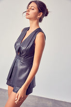 Load image into Gallery viewer, Get ready to make a statement in this romper babe! Whether you&#39;re going to an event or a night on the town, you&#39;re sure to turn heads. This vegan leather romper features include a deep V- Neckline, sexy open back, detail zipper closure for a cinched waist. Pair with a cute high heel or bootie for a complete look. 
