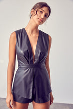 Load image into Gallery viewer, Get ready to make a statement in this romper babe! Whether you&#39;re going to an event or a night on the town, you&#39;re sure to turn heads. This vegan leather romper features include a deep V- Neckline, sexy open back, detail zipper closure for a cinched waist. Pair with a cute high heel or bootie for a complete look. 
