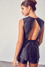 Load image into Gallery viewer, Get ready to make a statement in this romper babe! Whether you&#39;re going to an event or a night on the town, you&#39;re sure to turn heads. This vegan leather romper features include a deep V- Neckline, sexy open back, detail zipper closure for a cinched waist. Pair with a cute high heel or bootie for a complete look. 
