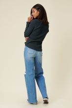 Load image into Gallery viewer, Our New Favorite Vibrant M.i.U Distressed Wide Fit Jeans featuring classic 5-pocket construction, front knee cut details, raw-edged hem, tinted wash throughout, and a zip-fly closure. These jeans are a must-have for your wardrobe this season. Pair with one of our essential bodysuits, pumps, or sneakers and a jacket for effortless style. 
