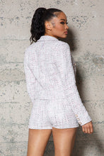 Load image into Gallery viewer, Feel pretty boss babe with this cropped blazer doll. Featuring a pink and ivory tweed material with gold button fastening, crop bustier top, and midrise shorts with gold button detailing we&#39;re in love. Style it with the matching skirt and pink heels for a sweet but smart look.
