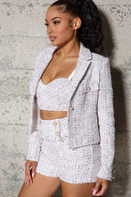 Load image into Gallery viewer, Feel pretty boss babe with this cropped blazer doll. Featuring a pink and ivory tweed material with gold button fastening, crop bustier top, and midrise shorts with gold button detailing we&#39;re in love. Style it with the matching skirt and pink heels for a sweet but smart look.
