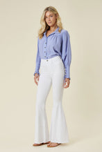 Load image into Gallery viewer, Make a fashion statement in our Vibrant M.i.U High Waisted Flare White Jeans. This jean comes in an extreme flare fit featuring two back patch pockets, faux front pockets, light frayed bottom hem, and a zip-fly closure. Style these jeans with a statement top and a high heel for a look that will have everyone talking.
