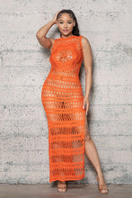 Load image into Gallery viewer, Show off center stage at a grand event wearing this risky maxi dress. This crochet knit split side maxi dress is the staple piece you need for your vacay wardrobe. This crochet maxi dress is perfect layered over a stone bikini, sandals and your vacay essentials for a look like no other.
