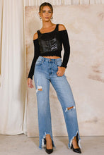 Load image into Gallery viewer, With a high waist and a light wash, these Something New High Rise Distressed Hem Wide Leg Jeans are ideal for dressing up or down. The subtle distressing at the raw hem makes them perfect for taking your style from day to night, while the flared cuffs give a bold look that you won&#39;t want to take off.
