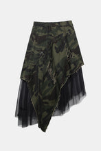 Load image into Gallery viewer, Get noticed for all the right reasons with our Work Your Angles Camo Asymmetrical Distressed Denim Skirt. This unique skirt features a wide elastic waistband, camouflage print patterning and mesh. Pair with your favorite sexy bodysuit and stiletto heels.
