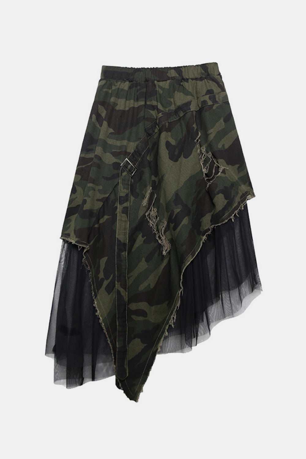 Get noticed for all the right reasons with our Work Your Angles Camo Asymmetrical Distressed Denim Skirt. This unique skirt features a wide elastic waistband, camouflage print patterning and mesh. Pair with your favorite sexy bodysuit and stiletto heels.