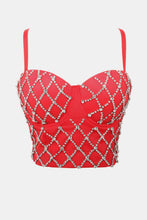 Load image into Gallery viewer, Do the most in this trendy crystal bustier crop top! This beautiful rhinestone-embellished bustier bra features a rhinestone detailed pattern, sweetheart neckline, adjustable, detachable shoulder straps, a row of hidden hook back closures, and built-in padded bra.
