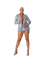 Load image into Gallery viewer, A statement blazer is a must-have this season. Perfect for layering and giving your look boss vibes. Featuring a V neckline, denim and plaid material and long sleeves. Giving you a relaxed fit and slightly cropped finish complete this must-have style. Pair this super sophisticated blazer with a figure fitting bodysuit, faux leather leggings and transparent pumps for a complete look.
