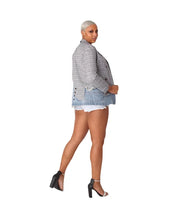 Load image into Gallery viewer, A statement blazer is a must-have this season. Perfect for layering and giving your look boss vibes. Featuring a V neckline, denim and plaid material and long sleeves. Giving you a relaxed fit and slightly cropped finish complete this must-have style. Pair this super sophisticated blazer with a figure fitting bodysuit, faux leather leggings and transparent pumps for a complete look.

