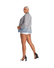 Load image into Gallery viewer, A statement blazer is a must-have this season. Perfect for layering and giving your look boss vibes. Featuring a V neckline, denim and plaid material and long sleeves. Giving you a relaxed fit and slightly cropped finish complete this must-have style. Pair this super sophisticated blazer with a figure fitting bodysuit, faux leather leggings and transparent pumps for a complete look.
