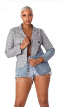 Load image into Gallery viewer, A statement blazer is a must-have this season. Perfect for layering and giving your look boss vibes. Featuring a V neckline, denim and plaid material and long sleeves. Giving you a relaxed fit and slightly cropped finish complete this must-have style. Pair this super sophisticated blazer with a figure fitting bodysuit, faux leather leggings and transparent pumps for a complete look.
