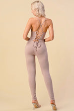 Load image into Gallery viewer, Fit for every season! Comfort never looked so sexy. All tied up Desert Taupe jumpsuit is made from flexible, soft, and stretchy cotton material and features a spaghetti strap, Pair this catsuit with stylish high heels and handbag for a complete look.

