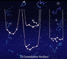 Load image into Gallery viewer, Keep your lucky stars with you at all times with the Sagittarius Astrology Constellation Necklace. A unique and cute dainty necklace you can wear to any occasion. Carry your love for astrology and connection to your birth sign everywhere you go with this zodiac necklace.
