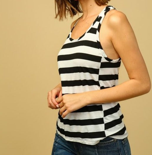 Finish off your look with this Read Between The Lines Tank Top. This top is super comfy, Lightweight, stretch knit, striped fabric creates a rounded crew neckline and a sporty racerback. Style with your favorite high waisted denim jeans, statement high heel and handbag for a complete and stylish outfit of the day!