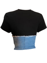 Load image into Gallery viewer, Too hot to handle, this sexy but stylish Denim Corset Knit Top is a soft and stretchy cropped t-shirt complete with a crew neckline, a back zip, short sleeves, and a denim corset overlay. With this top, you can dress up or down any outfit. Style this cute tee with a miniskirt, a pair of thigh high boots and don’t forget a patchwork denim purse.
