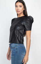 Load image into Gallery viewer, Add a edgy attitude to your weekend wardrobe with this cute knitted top. This top is featured with a soft buttery faux leather, round neckline and short sleeves. Style this top with light washed jeans high heels boots for a head-turning combo.
