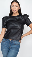 Load image into Gallery viewer, Add a edgy attitude to your weekend wardrobe with this cute knitted top. This top is featured with a soft buttery faux leather, round neckline and short sleeves. Style this top with light washed jeans high heels boots for a head-turning combo.
