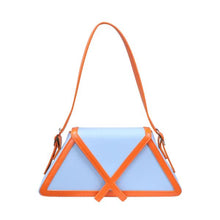 Load image into Gallery viewer, Accent with its geometric shape with contrast piping detailing, this luxury shoulder bag finishes a unique sophisticated look. It also features a fold-over flap top with a hidden magnetic fastening, an adjustable shoulder strap, and cut from PU leather fabric. Pair it with your favorite essentials for a chic look. Our designer bags collection also brings out a range of shoulder bags for women. Keep scrolling for the best styles.
