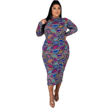 Load image into Gallery viewer, Slip into this super sexy dress for your next night out with the girls or date night! This dress hugs your body in all the right places. This sexy snake print long bodycon dress is versatile you can wear the zipper in the front or back. Style this dress with a black high heel and clutch for a complete look. 
