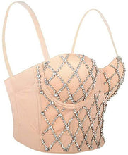 Load image into Gallery viewer, Do the most in this trendy crystal bustier crop top! This beautiful rhinestone-embellished bustier bra features a rhinestone detailed pattern, sweetheart neckline, adjustable, detachable shoulder straps, a row of hidden hook back closures, and built-in padded bra.
