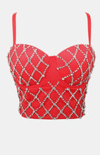 Load image into Gallery viewer, Do the most in this trendy crystal bustier crop top! This beautiful rhinestone-embellished bustier bra features a rhinestone detailed pattern, sweetheart neckline, adjustable, detachable shoulder straps, a row of hidden hook back closures, and built-in padded bra.
