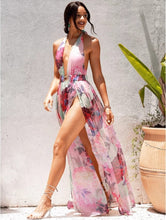 Load image into Gallery viewer, Hot and Sexy Floral Fiona Maxi Dress will have you standing out in the crowd! It has a cut out side making the dress stylish and sexy, while the belt adds a flirty touch the dress also has a bodysuit attached. This dress is great for multiple occasions. You can pair this dress with gold accessories an pair of clear or pink heels and a cute clutch purse to complete your look! 
