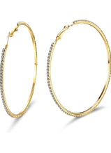 Load image into Gallery viewer, Add some sparkle and shine with these beautifully detailed gold hoop earrings. Featuring jeweled detailing on a gold-tone setting, these earrings are perfect for all occasions.
