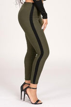 Load image into Gallery viewer, Upgrade your casual look this season with these olive high waisted pants. Made of materials that allows great stretch and flexibility. These leggings come in a soft material featuring an elasticated waist band and black twill side seam design. Style with a simple bodysuit and heels to complete the look.
