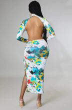 Load image into Gallery viewer, We&#39;re loving this super cute and sexy dress babe! Perfect for your birthday, a romantic date, or a night out with your girls. Features include print sheer material, ruched detailing and a sexy slit. Pair with a simple high heel and a mini handbag for a fun and flirty look.
